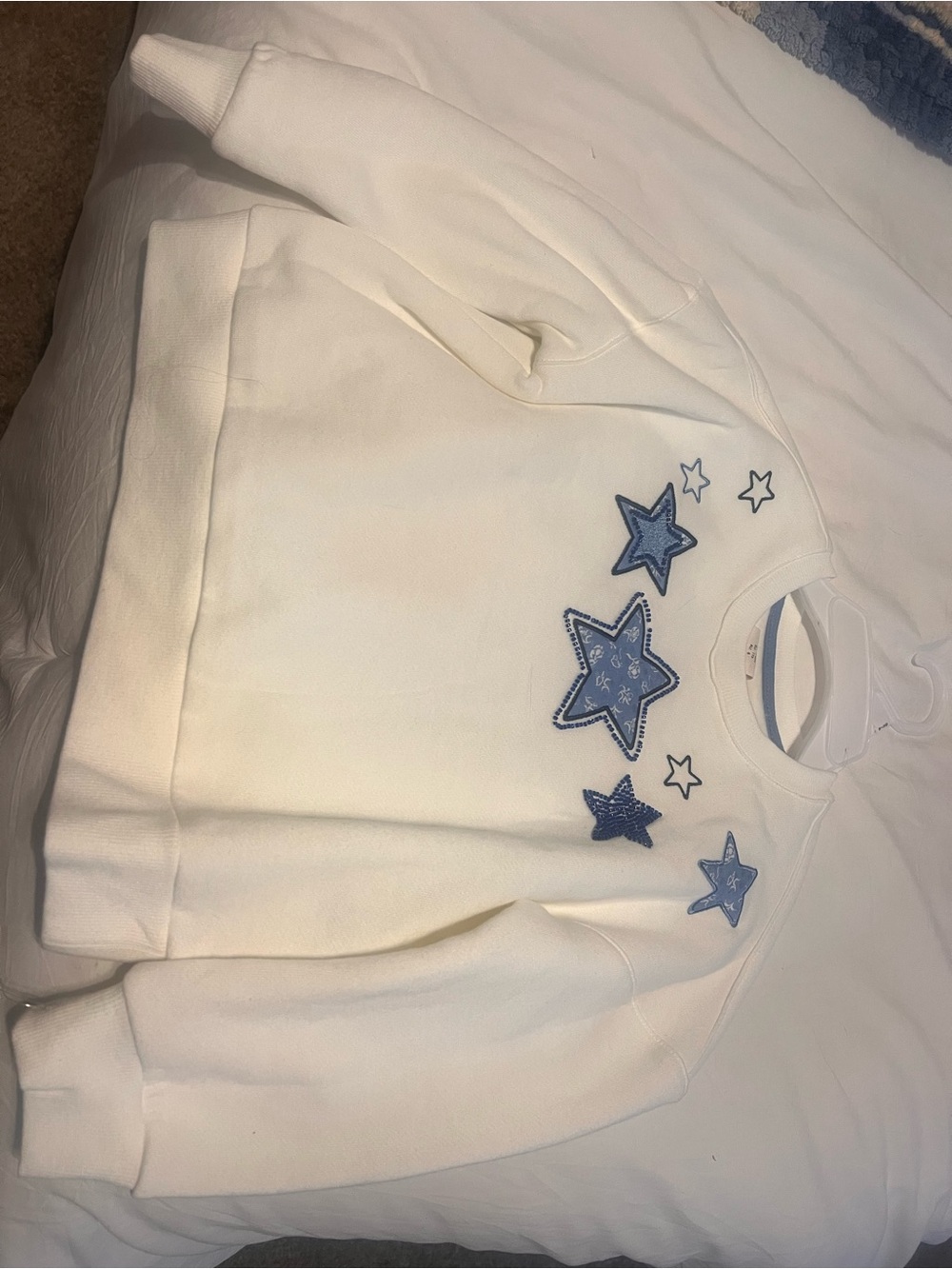 Kids White Sweatshirt with Blue Star Appliqués